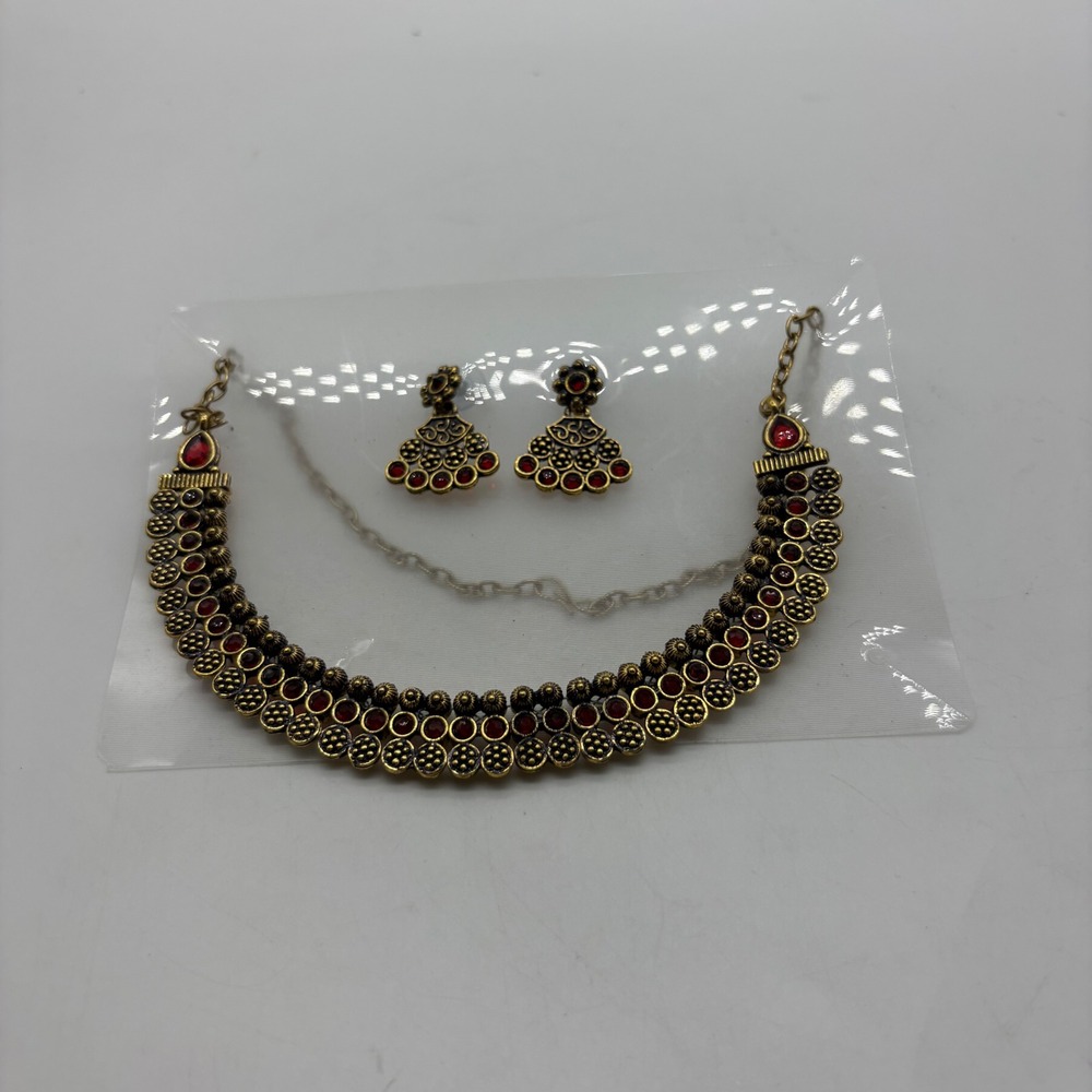 Bollywood Style Indian Gold Plated Necklace Earrings Set Red Rhinestone‎